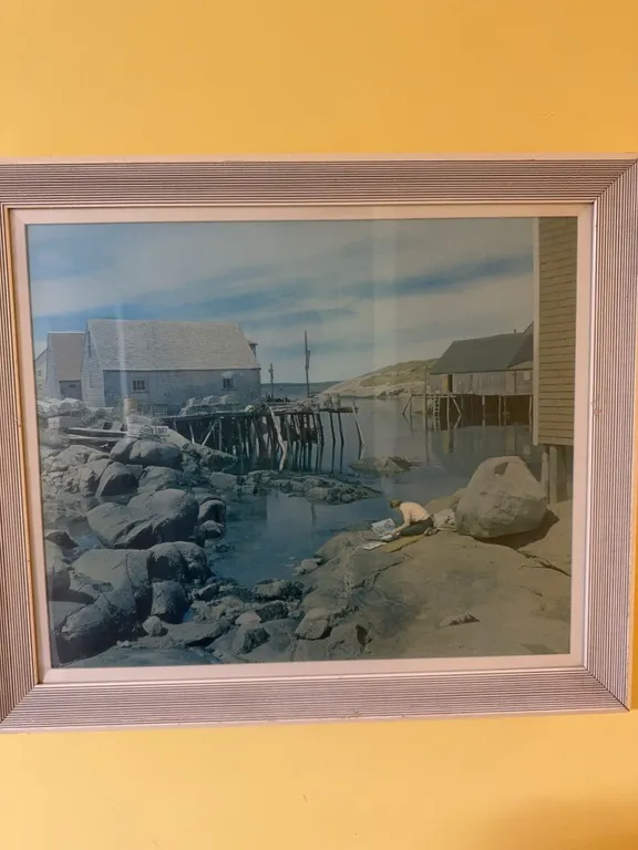 Framed Coastal Village Colour Photograph with Buildings and Child on Rocks