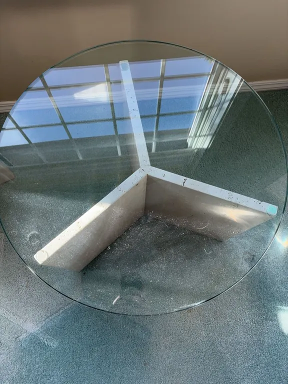 Round Glass Top Table with Travertine Stone Tri-Panel Base 24in Diameter 16in Height
