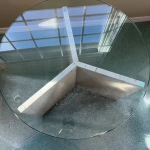 Round Glass Top Table with Travertine Stone Tri-Panel Base 24in Diameter 16in Height