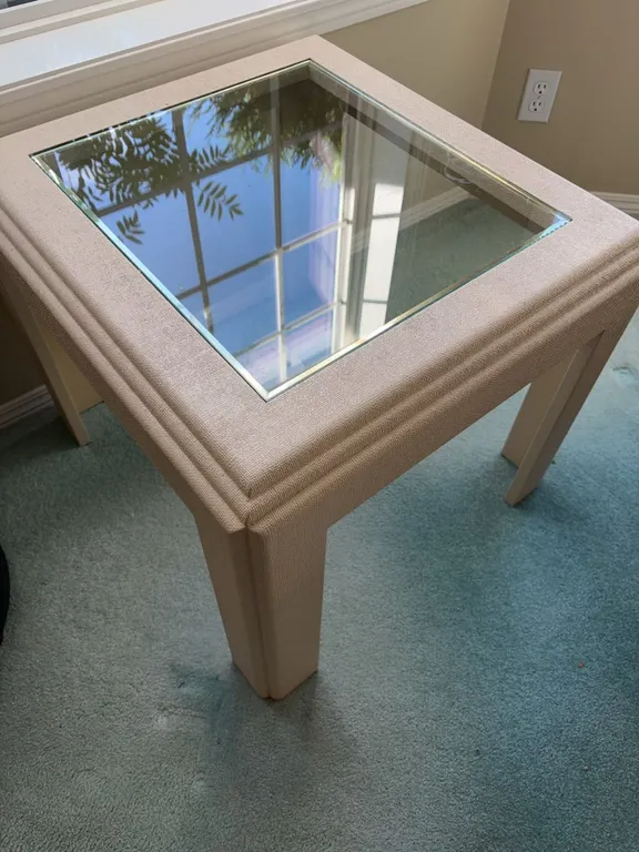 Square Beige Side Table With Glass Top and Brass Trim, 24" x 24" x 21"