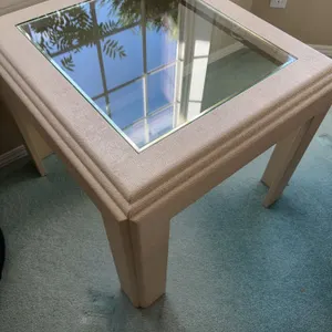 Square Beige Side Table With Glass Top and Brass Trim, 24" x 24" x 21"