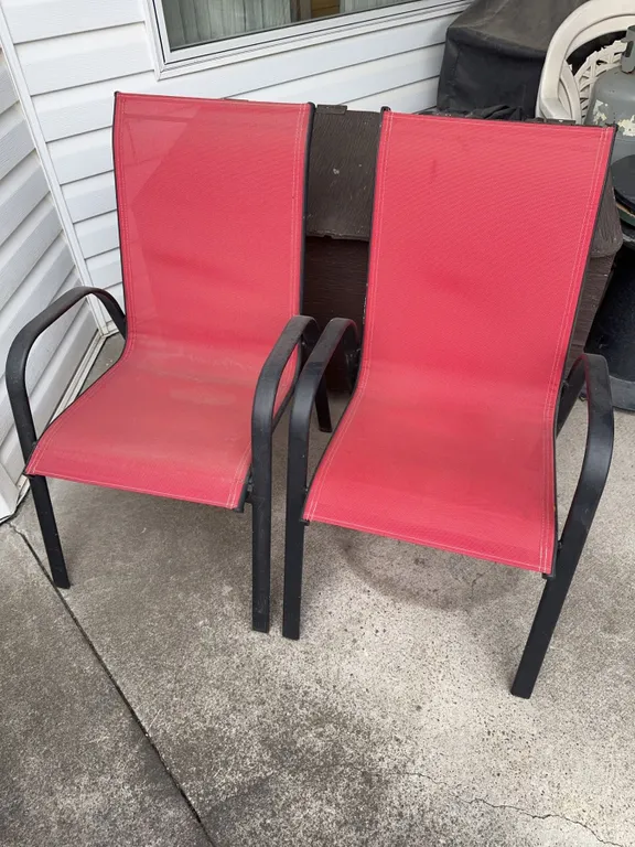 2 Red Mesh Outdoor Patio Chairs with Black Metal Frames