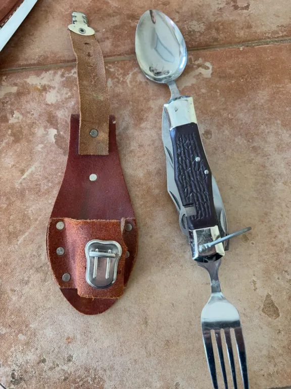 Foldable Multi-Tool Camping Utensil Set with Leather Sheath