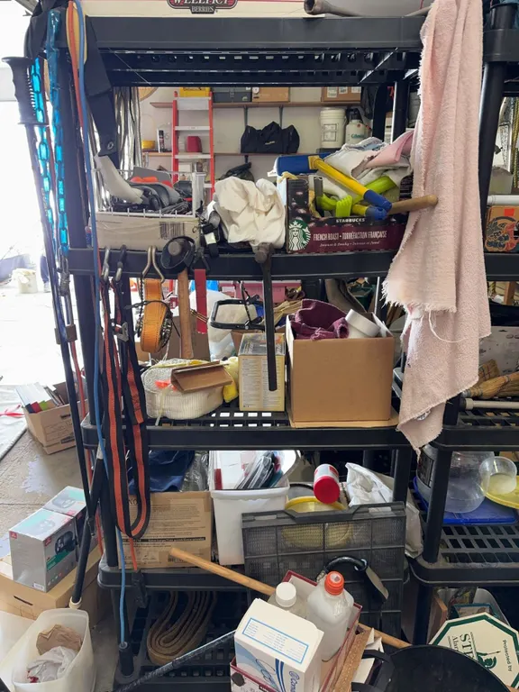 Garage Lot With Tools, Storage Bins, And Household Items
