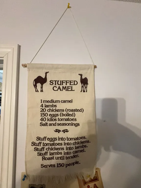 Stuffed Camel Recipe Wall Hanging, Pabst Blue Ribbon Tray, Metaxa Sign (3 Items)