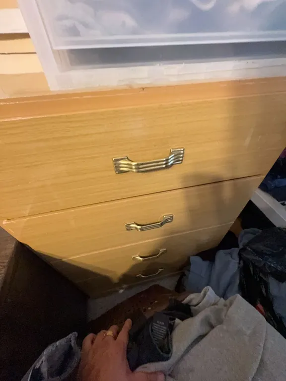 Three-Drawer Wood Dresser with Brass Handles, Measures 30 x 27 x 16 Inches