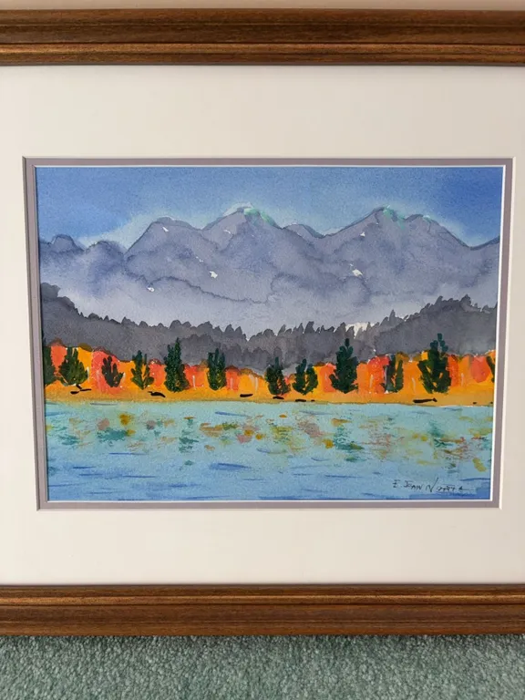 E. Joan North Framed Watercolour Landscape Painting Mountain and Lake Scene 12x9 in