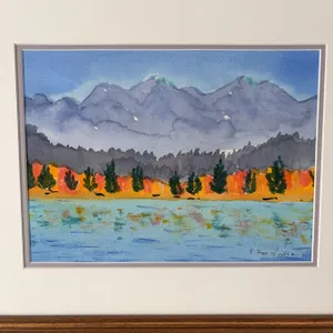 E. Joan North Framed Watercolour Landscape Painting Mountain and Lake Scene 12x9 in