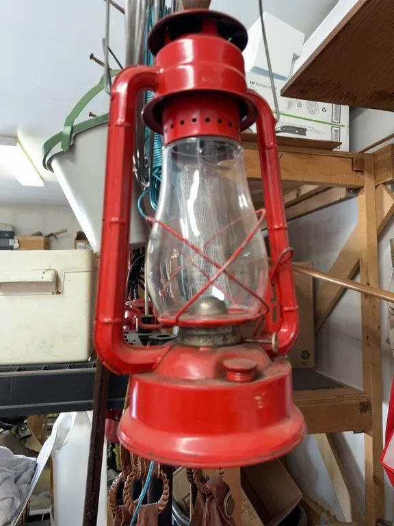Red Metal Hurricane Lantern with Glass Globe and Carry Handle