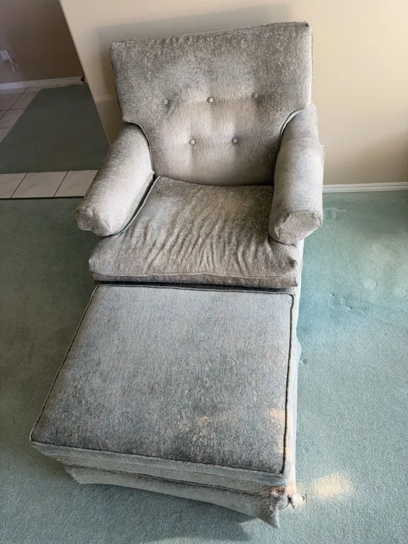 Upholstered Armchair With Matching Ottoman In Light Grey Fabric