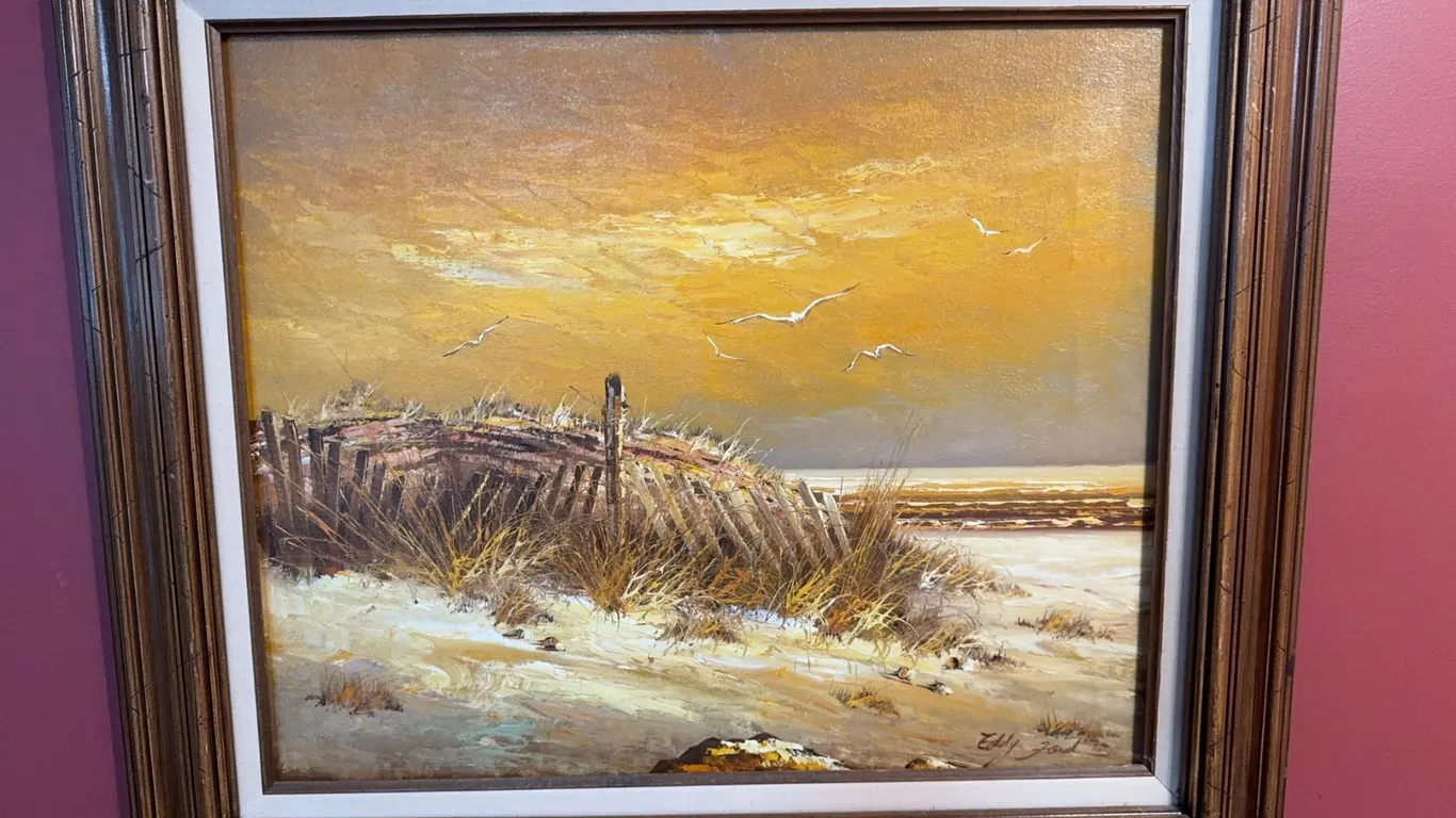 Eddy Ford Signed Seascape Painting with Dune Fence and Birds, Framed