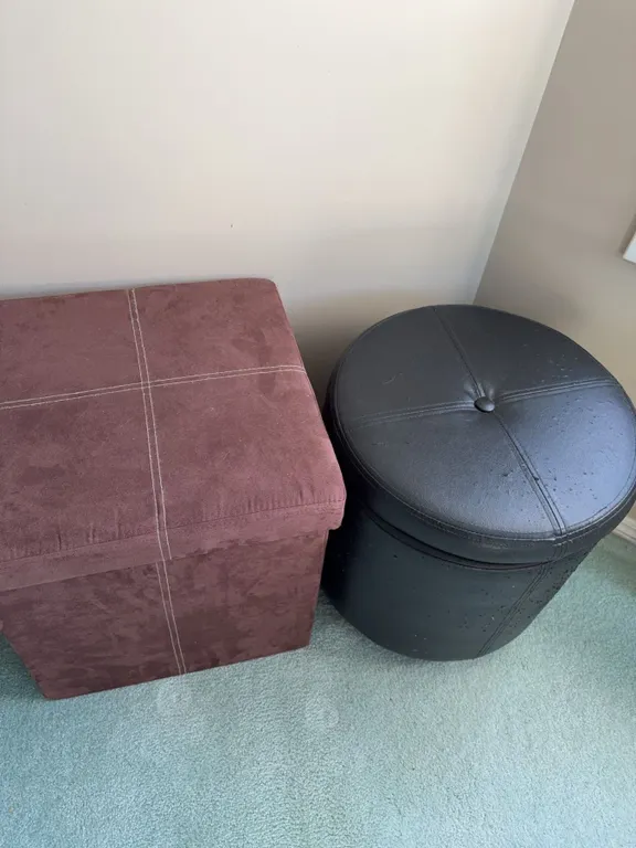 Square Fabric and Round Faux Leather Storage Ottomans, Brown and Black, Set of 2