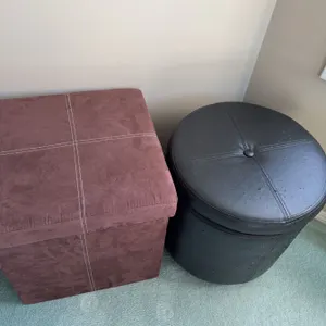 Square Fabric and Round Faux Leather Storage Ottomans, Brown and Black, Set of 2