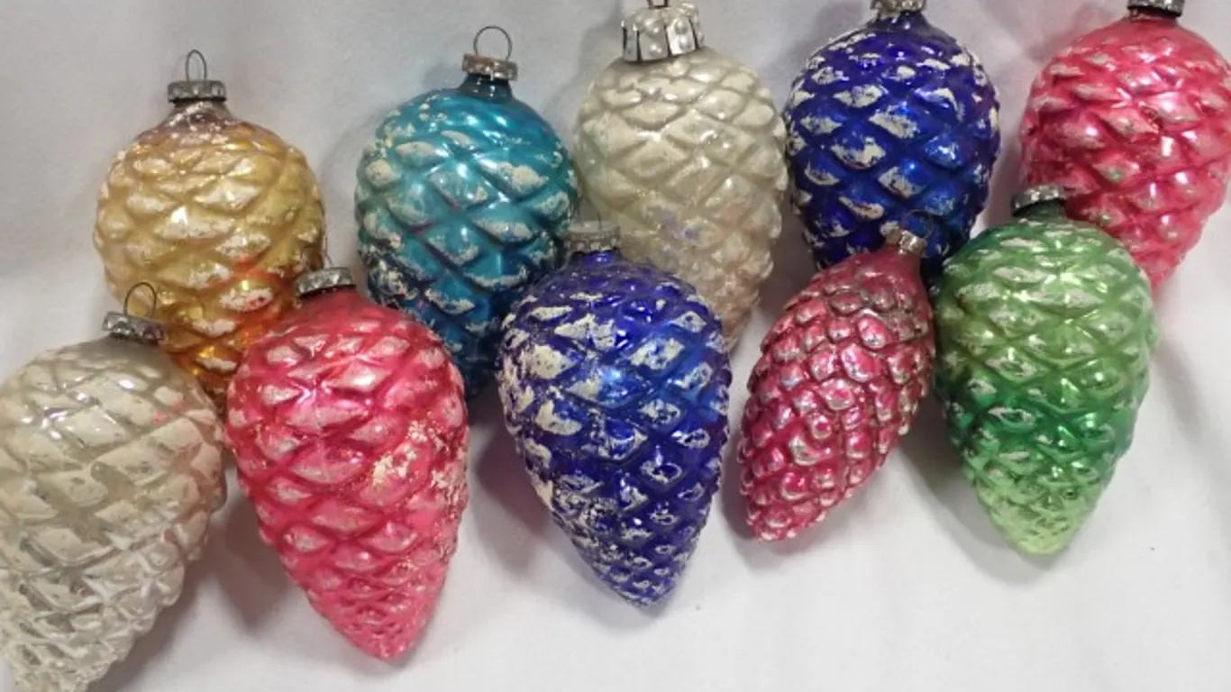 Mid-Century Mercury Glass Pinecone Christmas Tree Ornaments