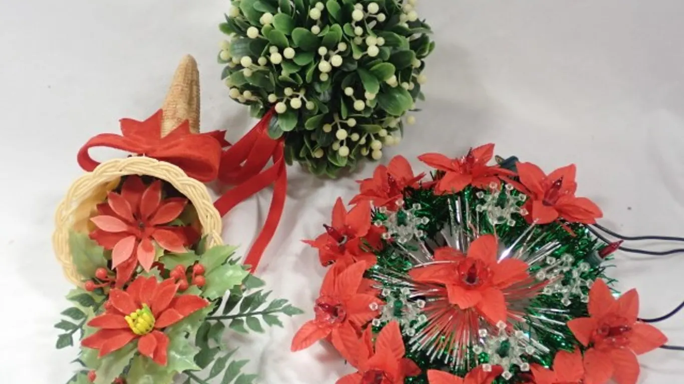 Mid-Century Lit Poinsettia Tree-Topper, Mistletoe Kissing Ball and Poinsettia Cornucopia