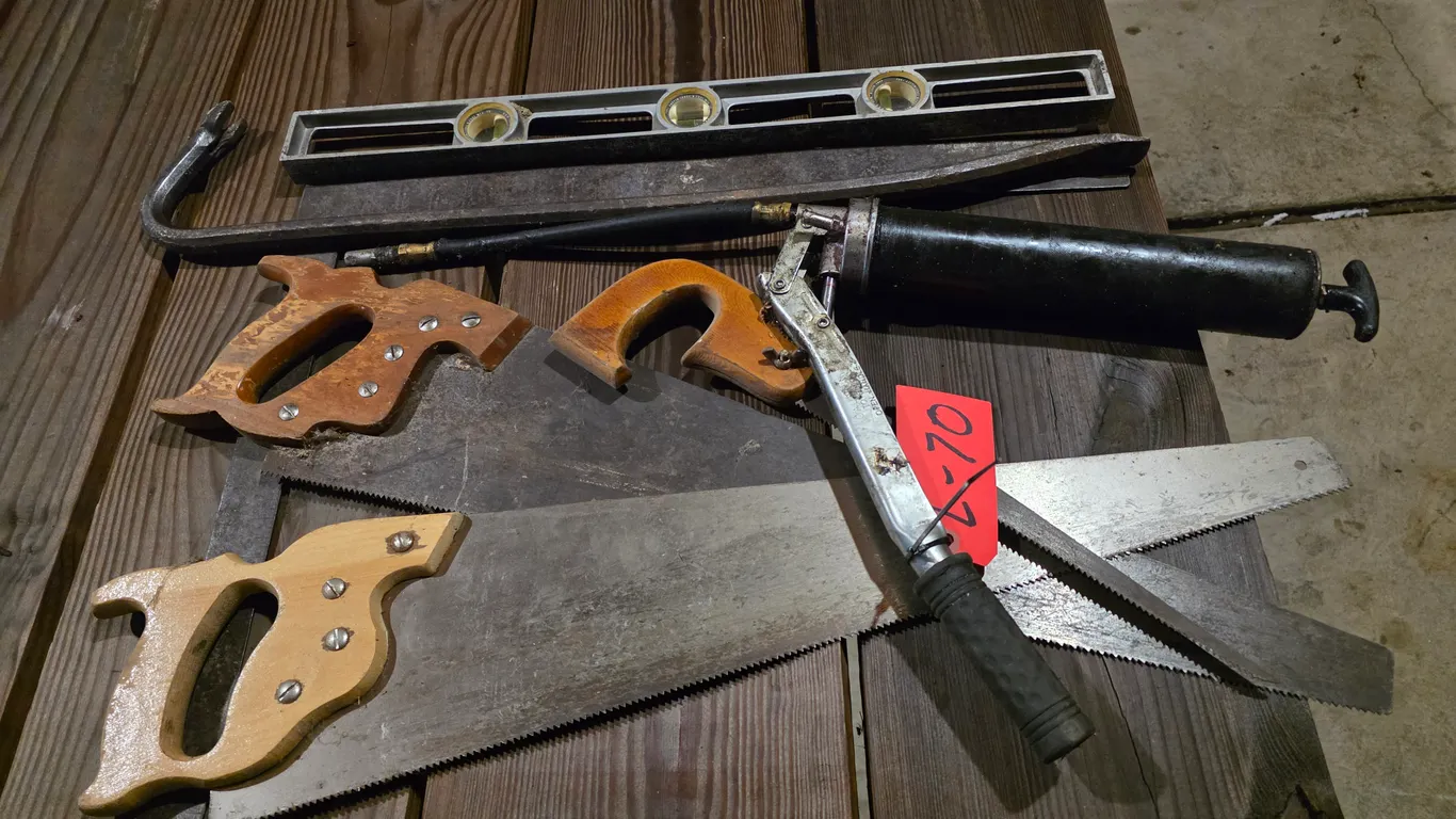 Hand Saws, Crowbar, Grease Gun, And Level