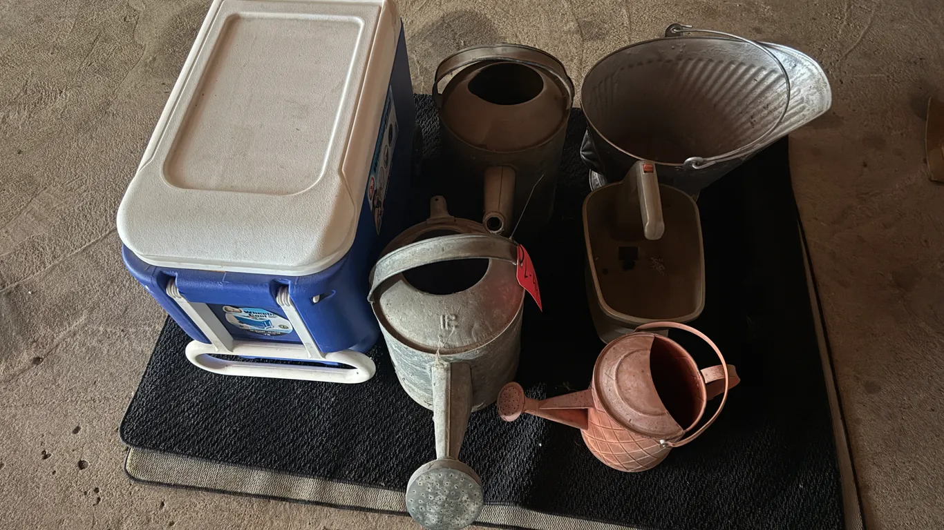 Water Cans, Coal Bucket, And Igloo 38 Quart Cooler