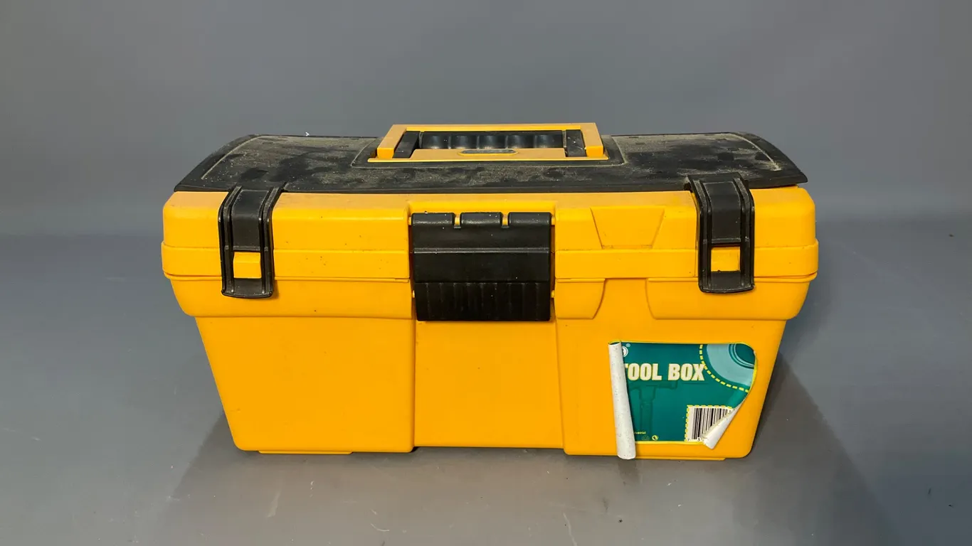Yellow Plastic Toolbox with Assorted Drill and Screwdriver Bits