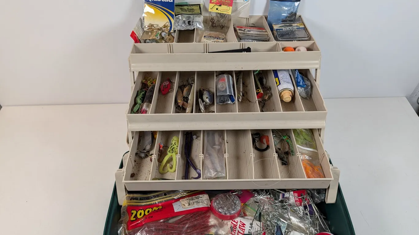 Plano Tackle Box with Assorted Fishing Lures, Hooks, and Accessories