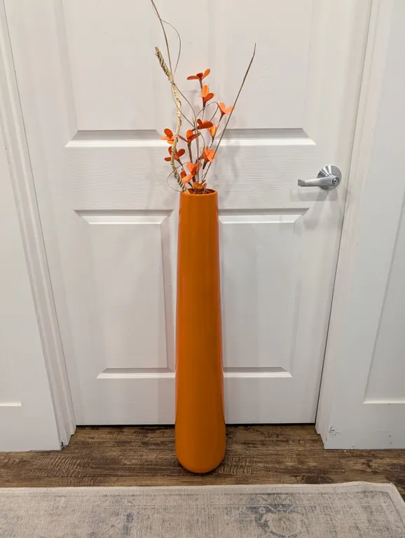 Tall Orange Ceramic Floor Vase with Decorative Branches