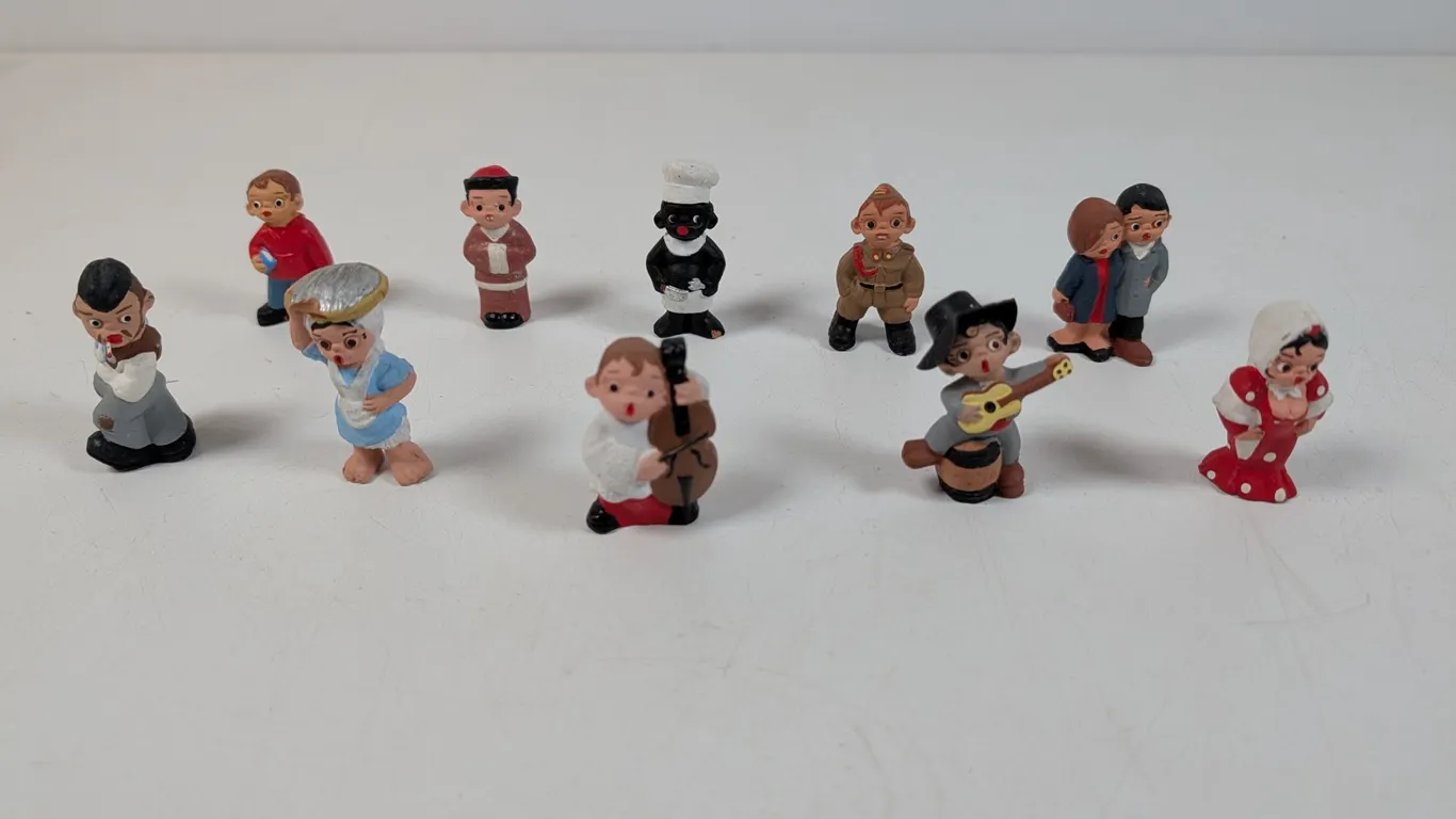 Set of 10 Assorted Vintage Hand-Painted Mud People Figurines