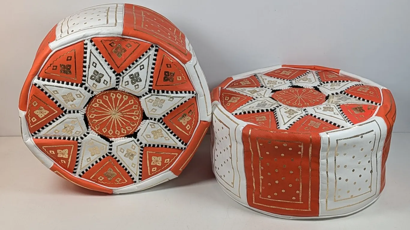 Moroccan Style Orange and White Poufs