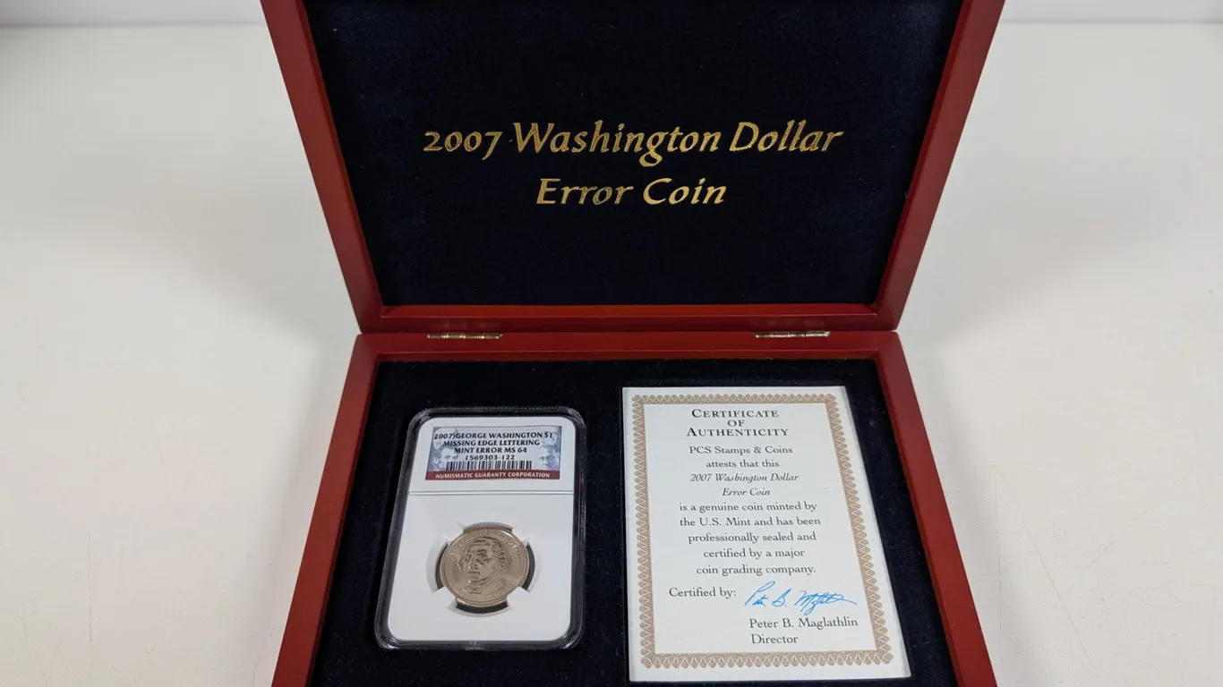 2007 George Washington $1 Presidential Dollar Missing Edge Lettering Error Coin NGC MS 64