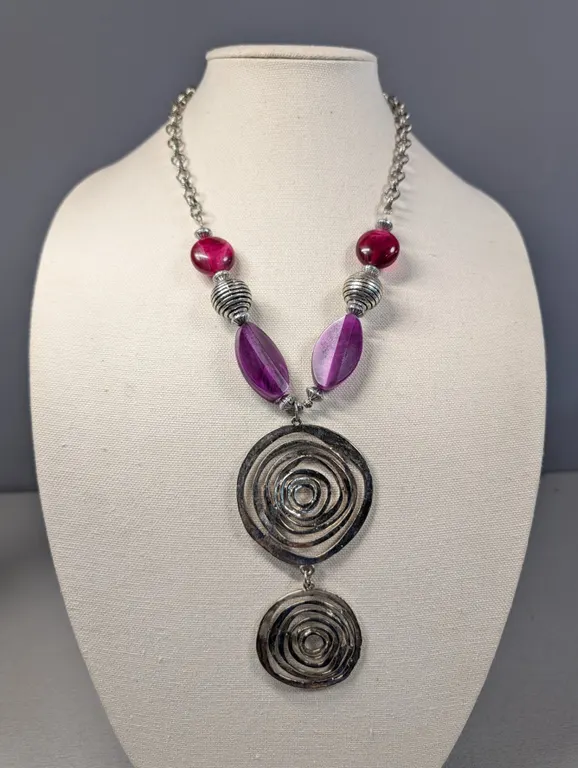 Fashion Necklace with Purple and Pink Beads and Spiral Pendants