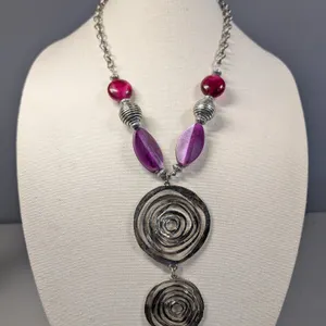 Fashion Necklace with Purple and Pink Beads and Spiral Pendants