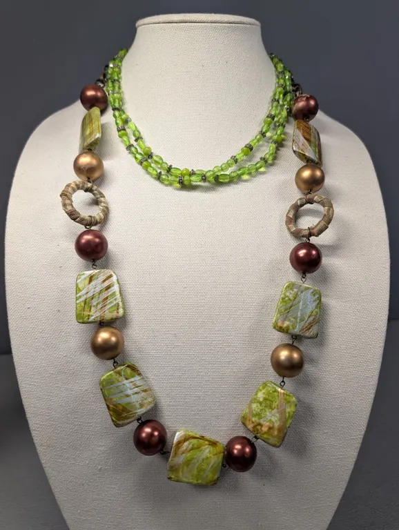 Two Beaded Necklace Set with Green and Earth Tones