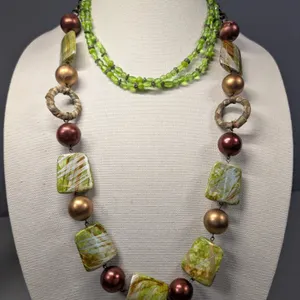 Two Beaded Necklace Set with Green and Earth Tones