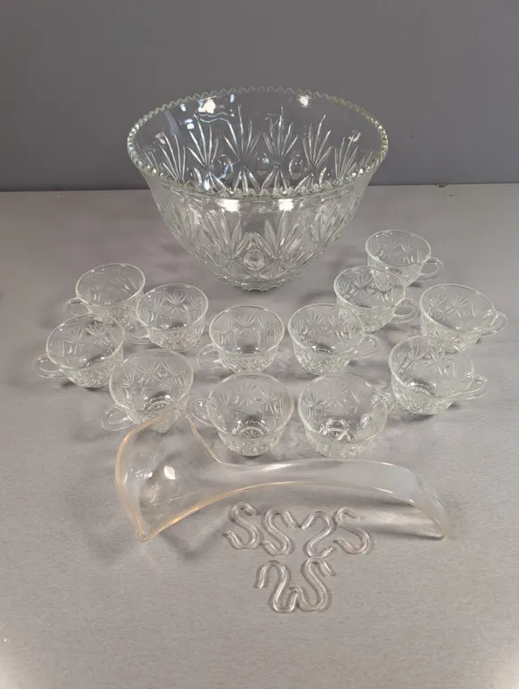 Pressed Glass Punch Bowl Set with Cups and Ladle