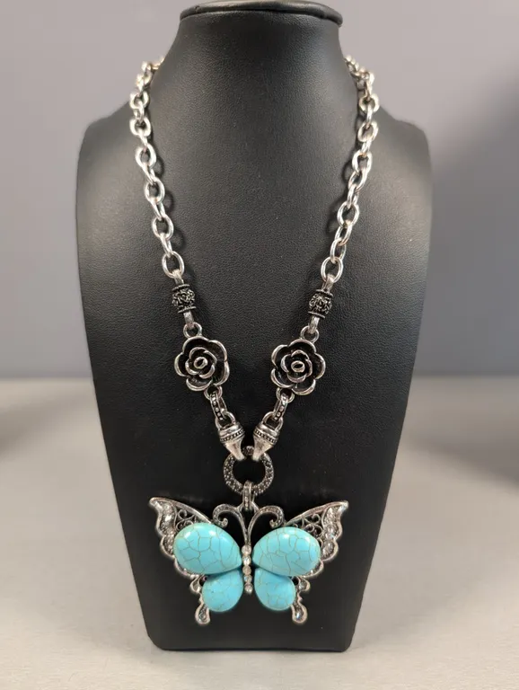 Butterfly Pendant Necklace with Turquoise-look Stones
