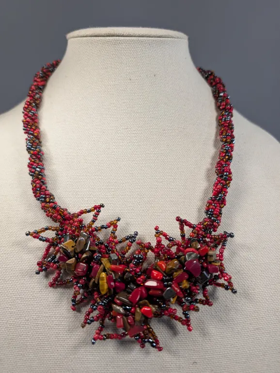Multi-Strand Beaded Statement Necklace with Chip Stones