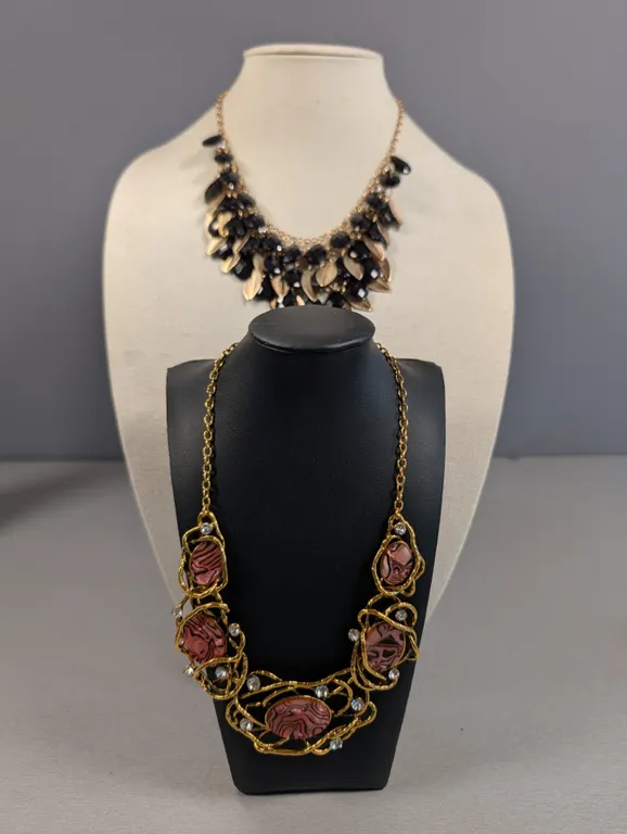 Two Fashion Necklaces: Gold-tone Leaf and Pink Resin
