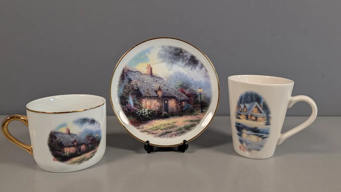 Thomas Kinkade Moonlight Cottage and Deer Creek Cottage Mugs and Plates