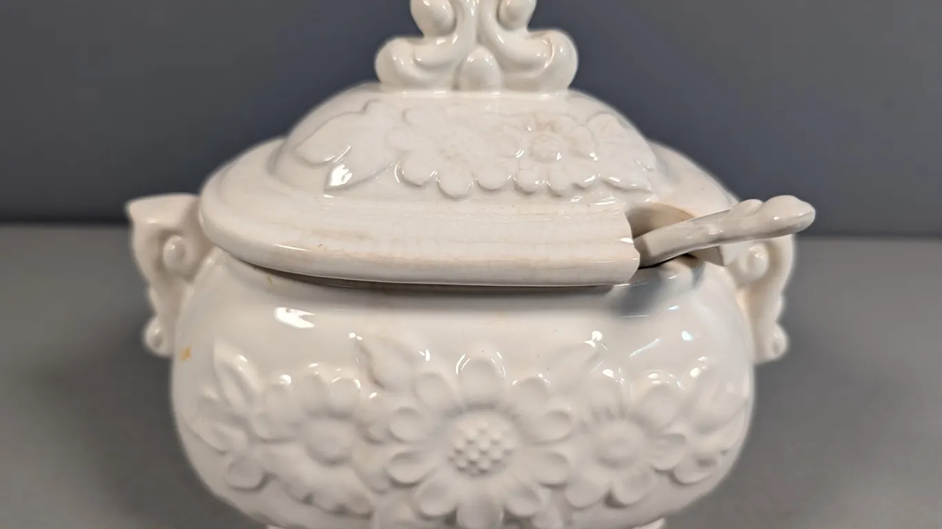 White Ceramic Floral Lidded Jar with Spoon