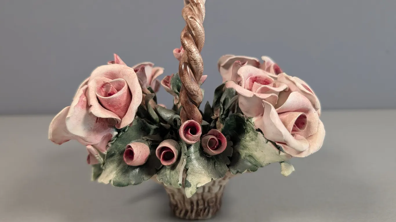 Ceramic Rose Flower Basket Figurine