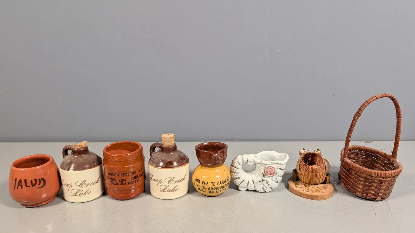 Assorted Miniature Ceramic Vessels and Woven Baskets