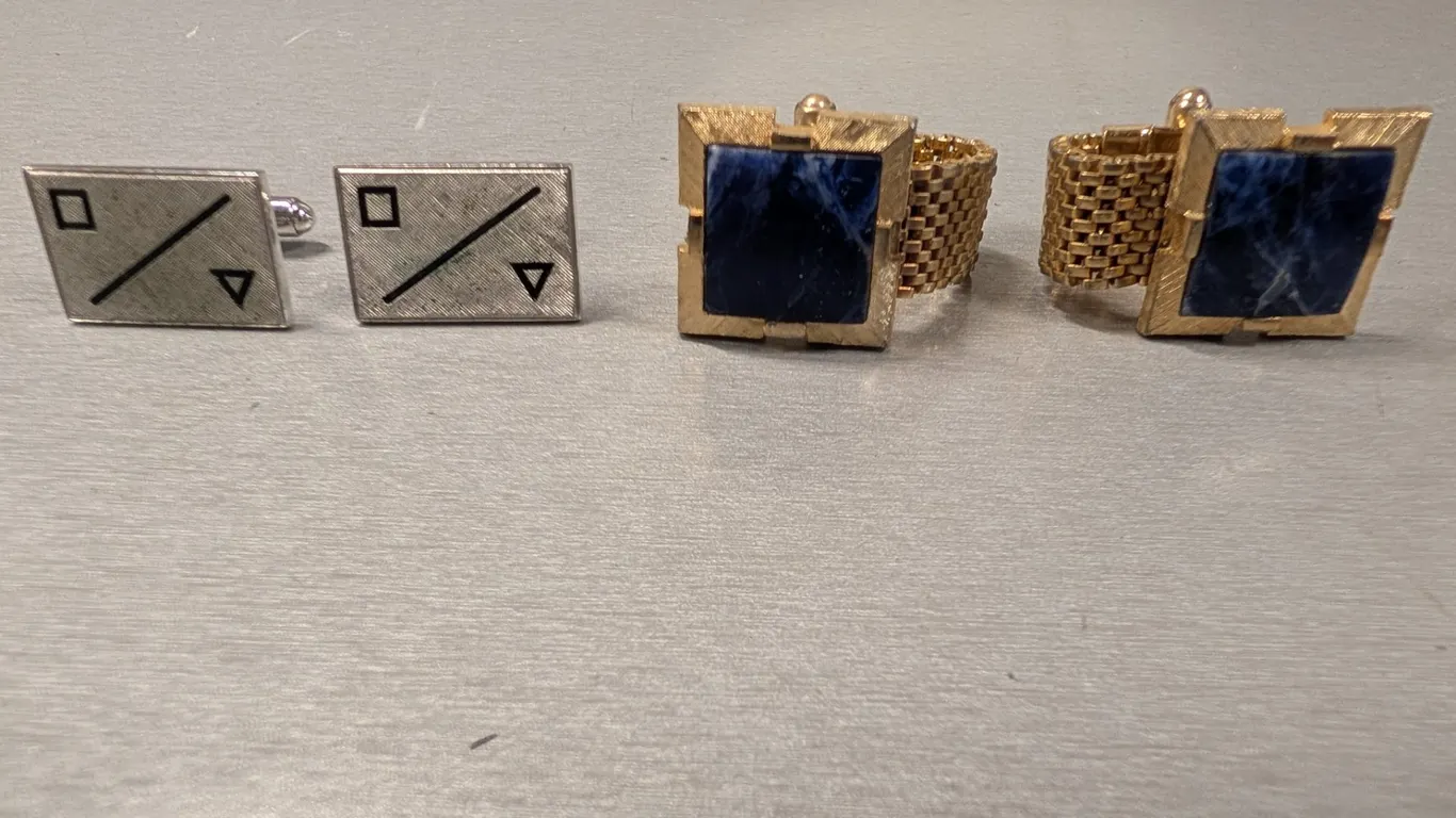 Two Pairs of Cufflinks: Geometric Silver-Tone and Sodalite Gold-Tone