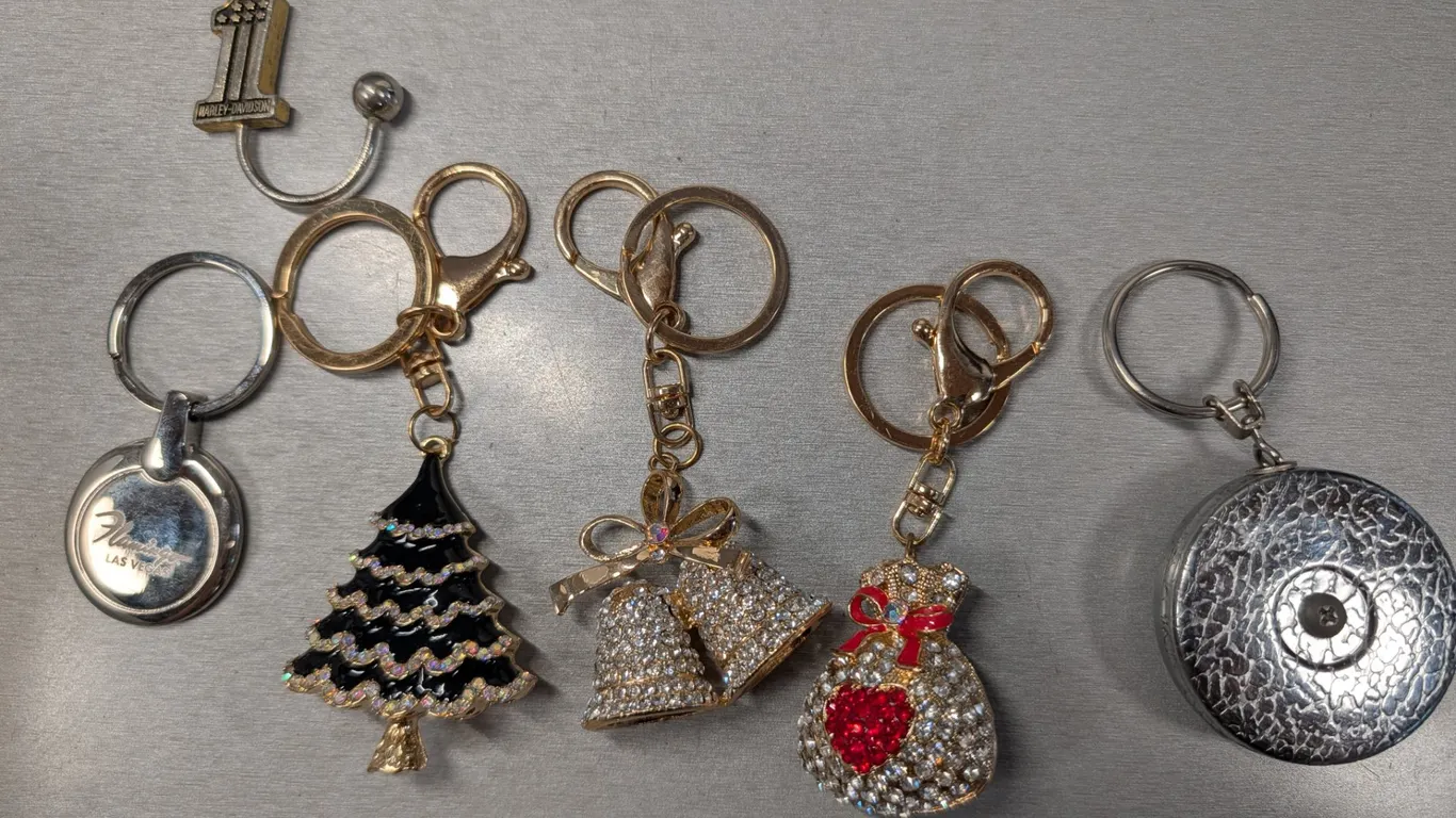 Assorted Keychains including Harley-Davidson, Las Vegas, and Rhinestone Holiday Designs