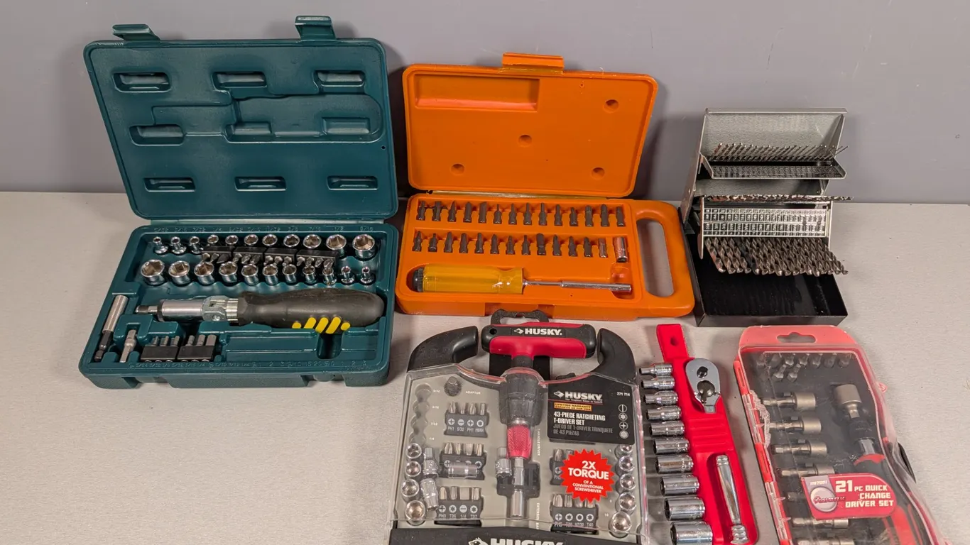 Assorted Screwdriver and Drill Bit Sets with Cases