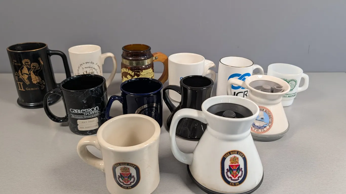 Assorted Ceramic and Glass Souvenir and Promotional Mugs, Set of 12