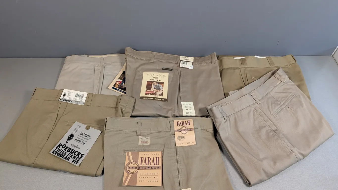 Lot of Six Men's Khaki Chino Pants by Savane, Farah, Roebucks, and Covington