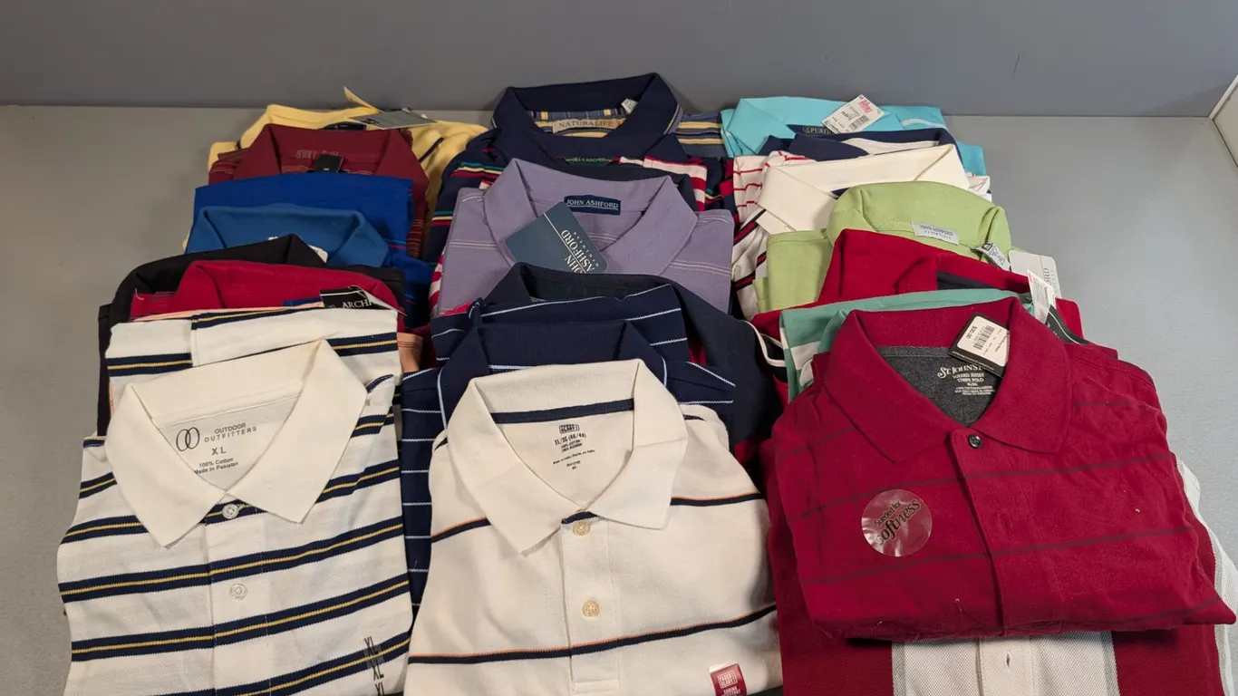 Lot of 25 Men's Cotton Polo Shirts, Various Brands and Sizes