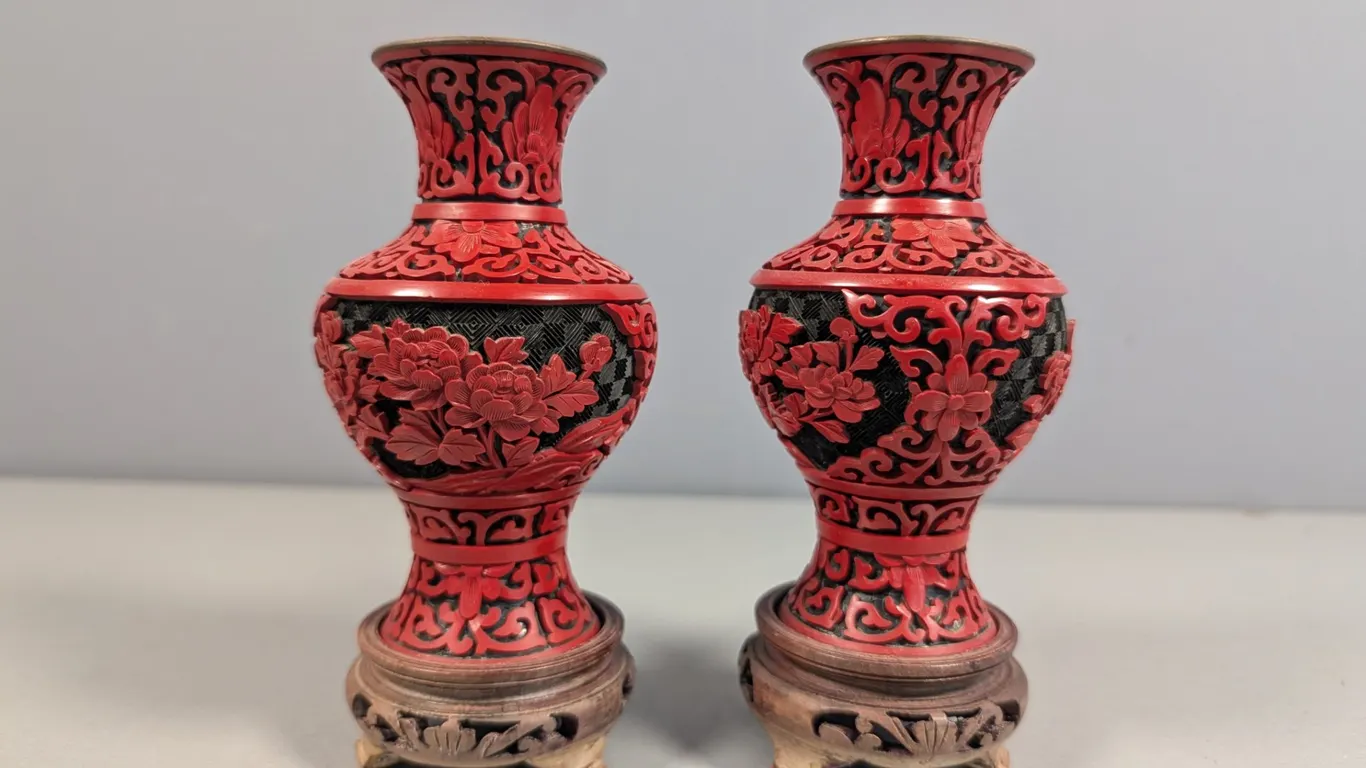 Pair Red Carved Vases on Wood Stands