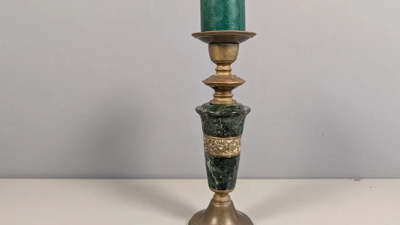 Brass and Green Marble Candlestick with Decorative Band