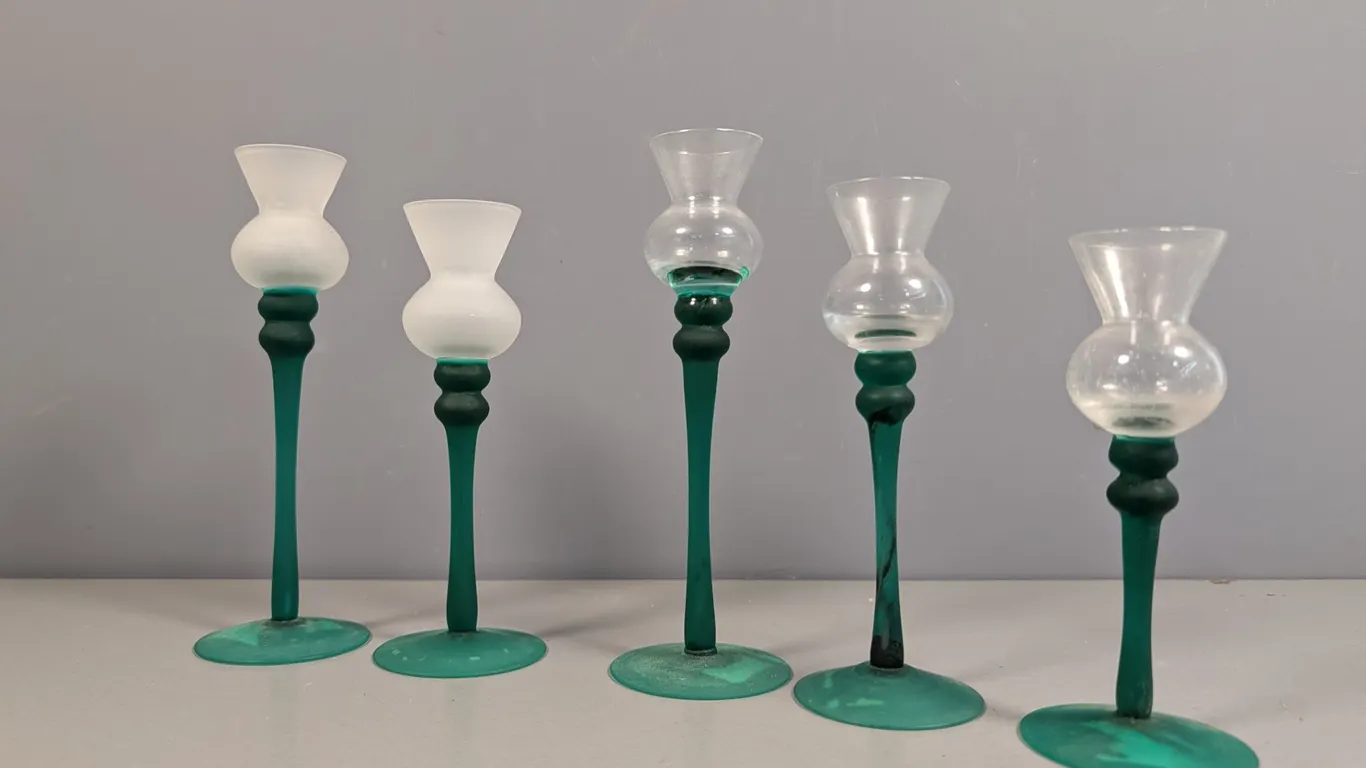 Set of Five Green Stem Glass Candle Holders