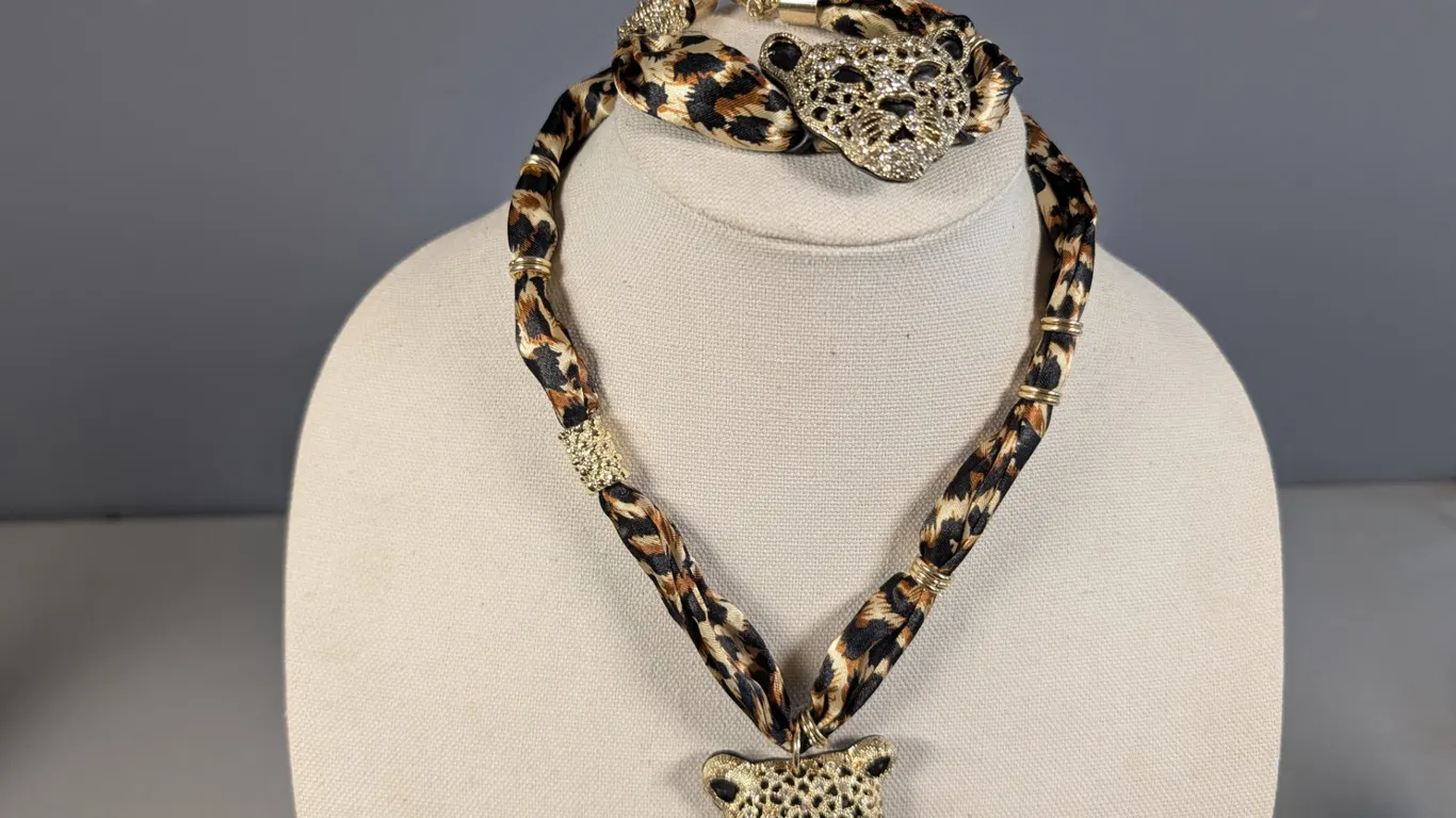 Leopard Head Rhinestone Necklace and Bracelet Set
