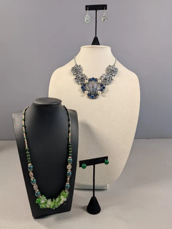 Four Piece Jewelry Lot: Lion Head Necklace & Earrings, Green Beaded Necklace, Green Stud Earrings